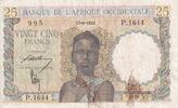 French West Africa 25 francs 25 Francs - Woman, Man with a cow - 1943 - Serial P.1644 - VF - P.38 -