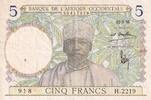 French West Africa 5 francs 5 Francs - Coffe tree - Man weaving - 12-03-1936 - Serial H.2219- VF+ - P.21 -