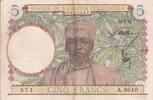 French West Africa 5 francs 5 Francs - Coffe tree - Man weaving - 22-04-1942 - Serial A.8610 - VF+ - P.25 -
