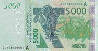 West AFrican States 5000 francs 5000 Francs - Mask - Kobus kob - 2020 - Letter A ( Ivory Coast) - P.New -
