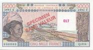 West AFrican States 5000 francs 5000 Francs Woman, fish, boat - 1992 - Specimen - Serial Q.014 -