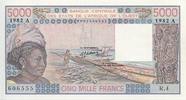 West AFrican States 5000 francs 5000 Francs Woman, fish, boat - 1982 - Serial R.4 - Ivory Coast -