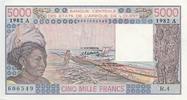 West AFrican States 5000 francs 5000 Francs Woman, fish, boat - 1982 - Serial R.4 - Ivory Coast -