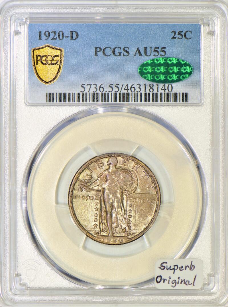 USA Standing Liberty Quarter 1920-D PCGS & CAC AU-55; Superb Original!