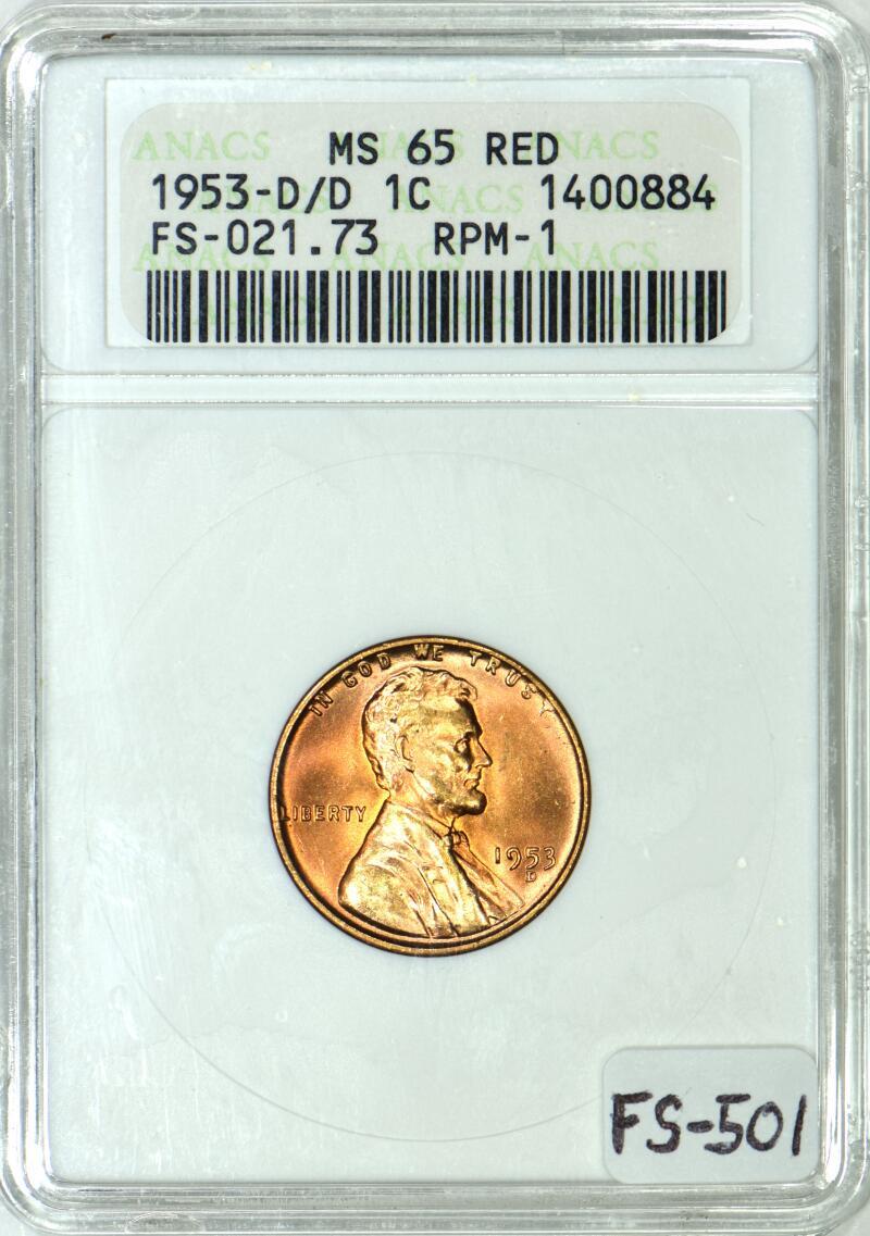 USA 1953-D /D Lincoln Cent ANACS MS-65 Red; FS-501; Very Popular RPM  Variety! | MA-Shops