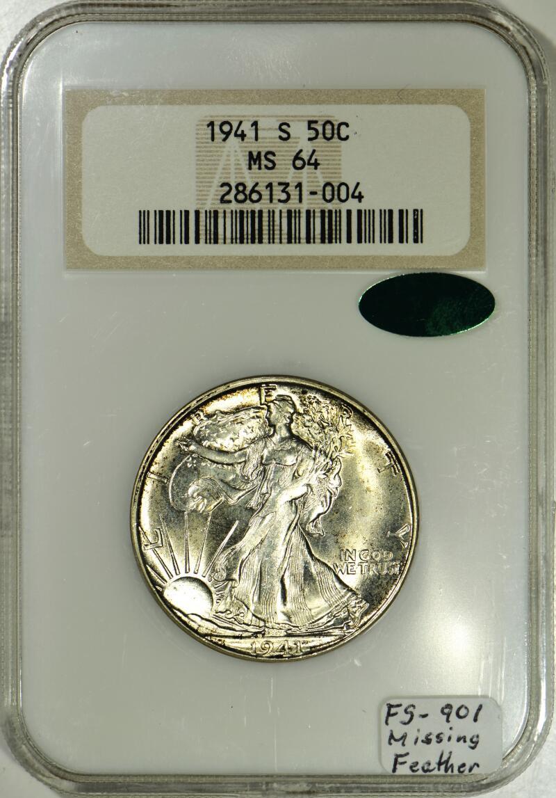 USA 1941-S Walking Liberty Half Dollar NGC & CAC MS-64; FS-901 Missing  Feather | MA-Shops