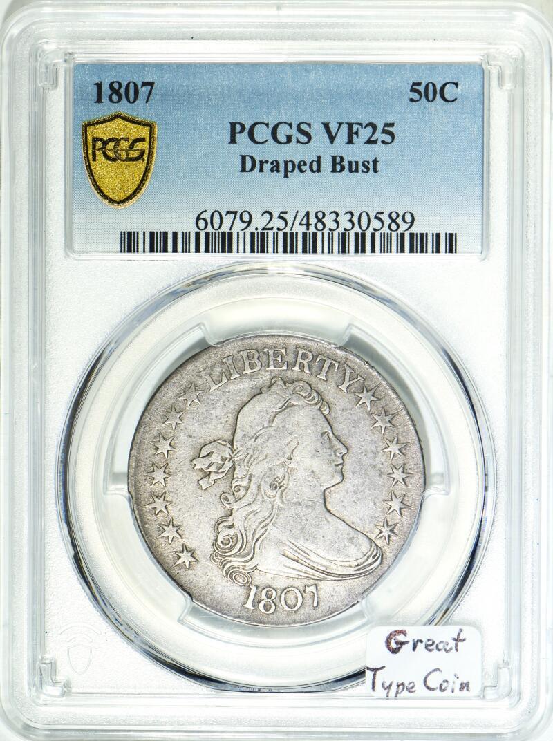 USA 1807 Draped Bust Half Dollar PCGS VF-25; Great Type Coin! | MA 