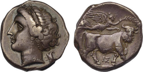 Campania, Neapolis AR nomos 275-250 BC Nymph facing left/man-headed bull VF