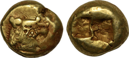 Kingdom of Lydia EL trite c. 600-560 BC Alyattes (Walwet), lion facing right/incuse punch, pedigree 