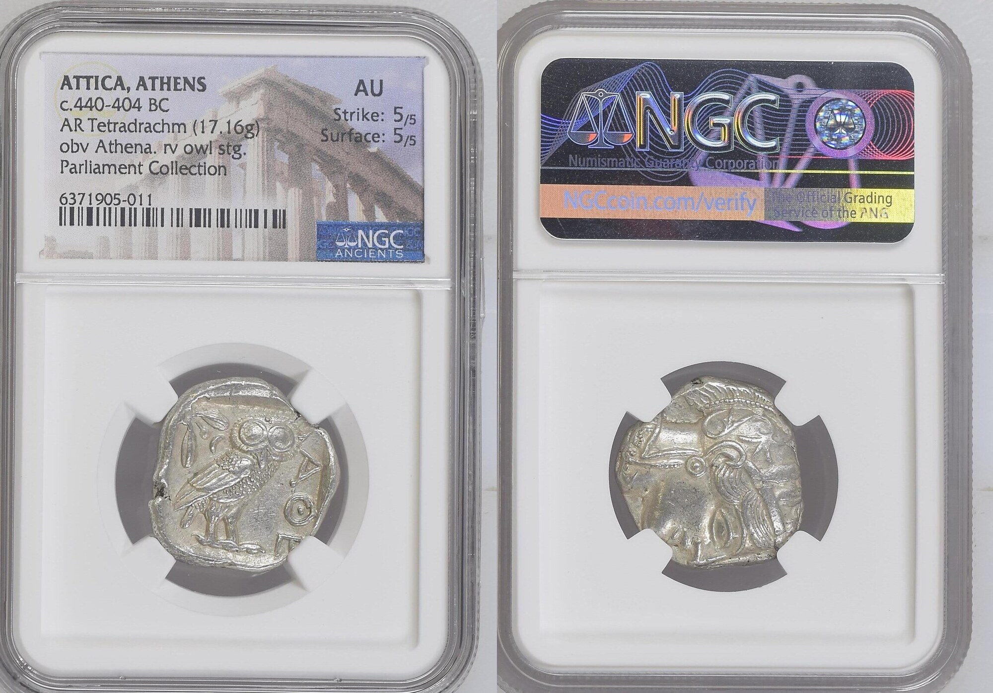 ATTICA, ATHENS AR Tetradrachm c.440-404 BC NGC AU Strike: 5/5