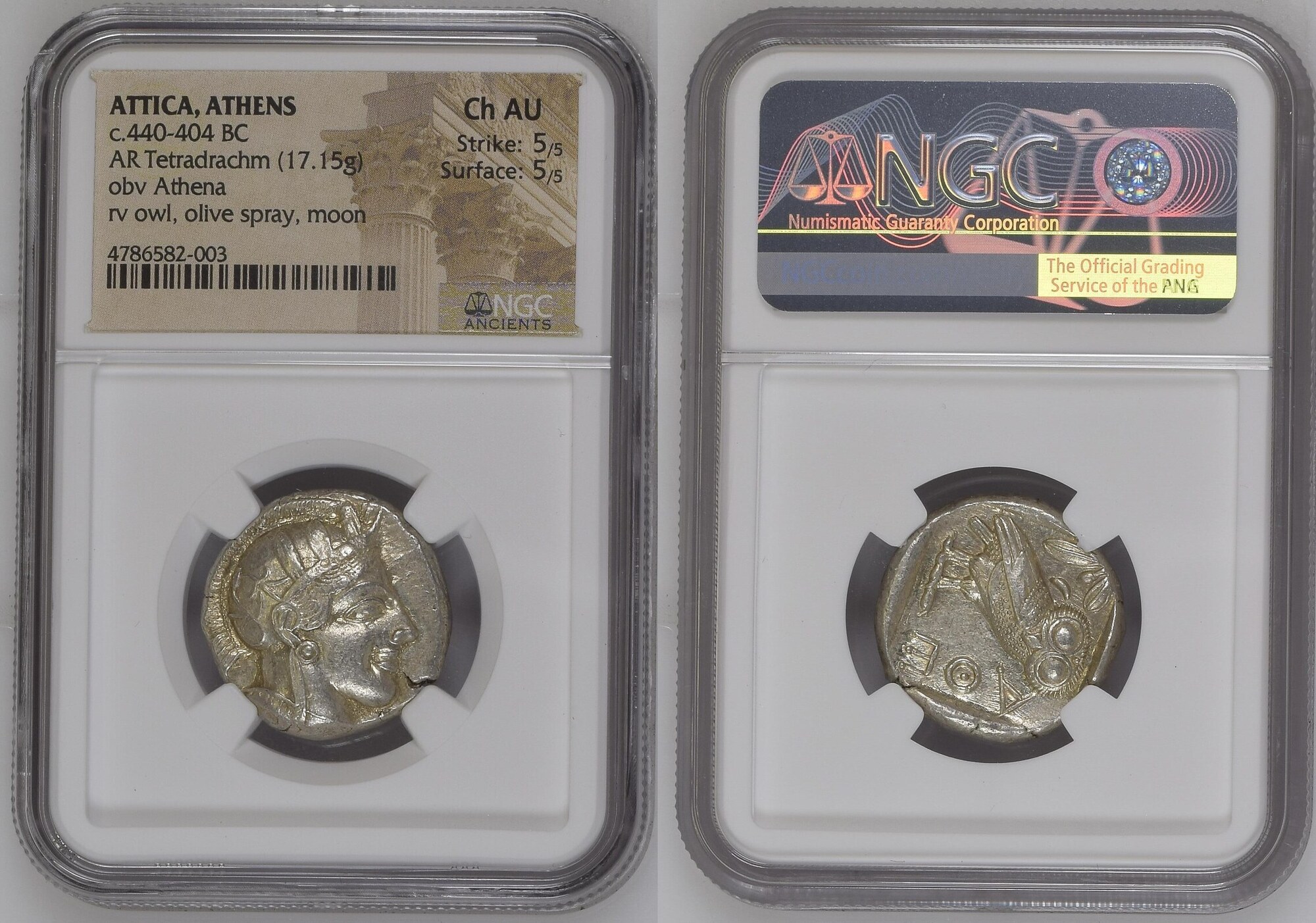 ATTICA, ATHENS AR Tetradrachm c.440-404 BC NGC Ch AU Strike