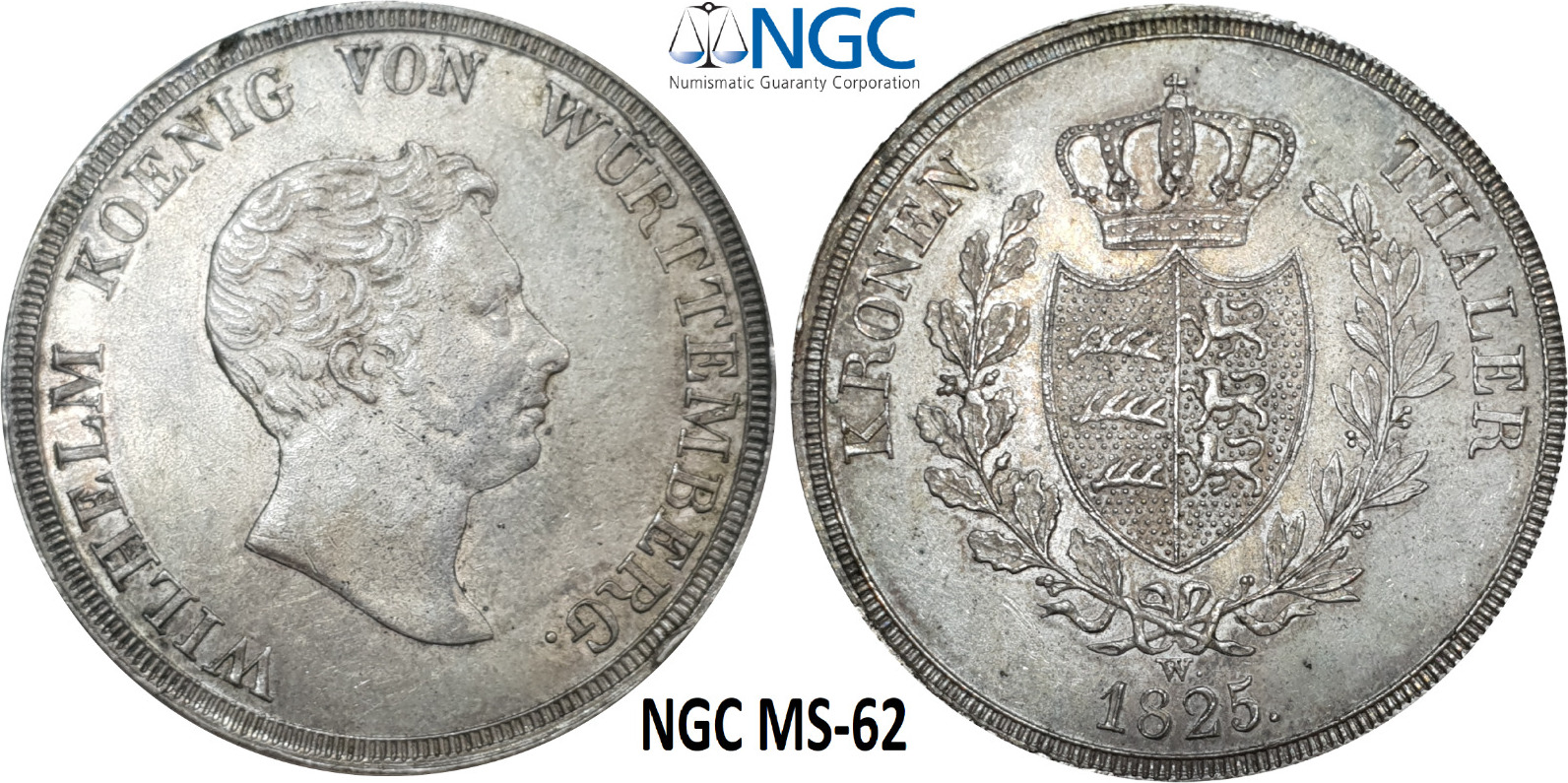 1 Thaler 1825 NGC Wurttemberg MS 62 Silver Coin Unc Germany Rare