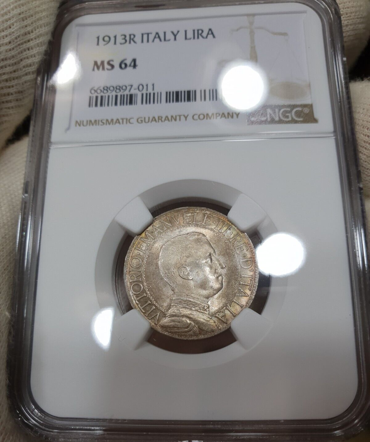 64 1 Lira 1913 NGC Italy MS Silver Unc Coin Quadriga Golden Patina Yearly  Type UNC