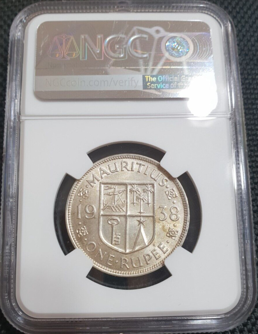 1 Rupee 1938 NGC Mauritius MS-61 Silver Coin George VI British