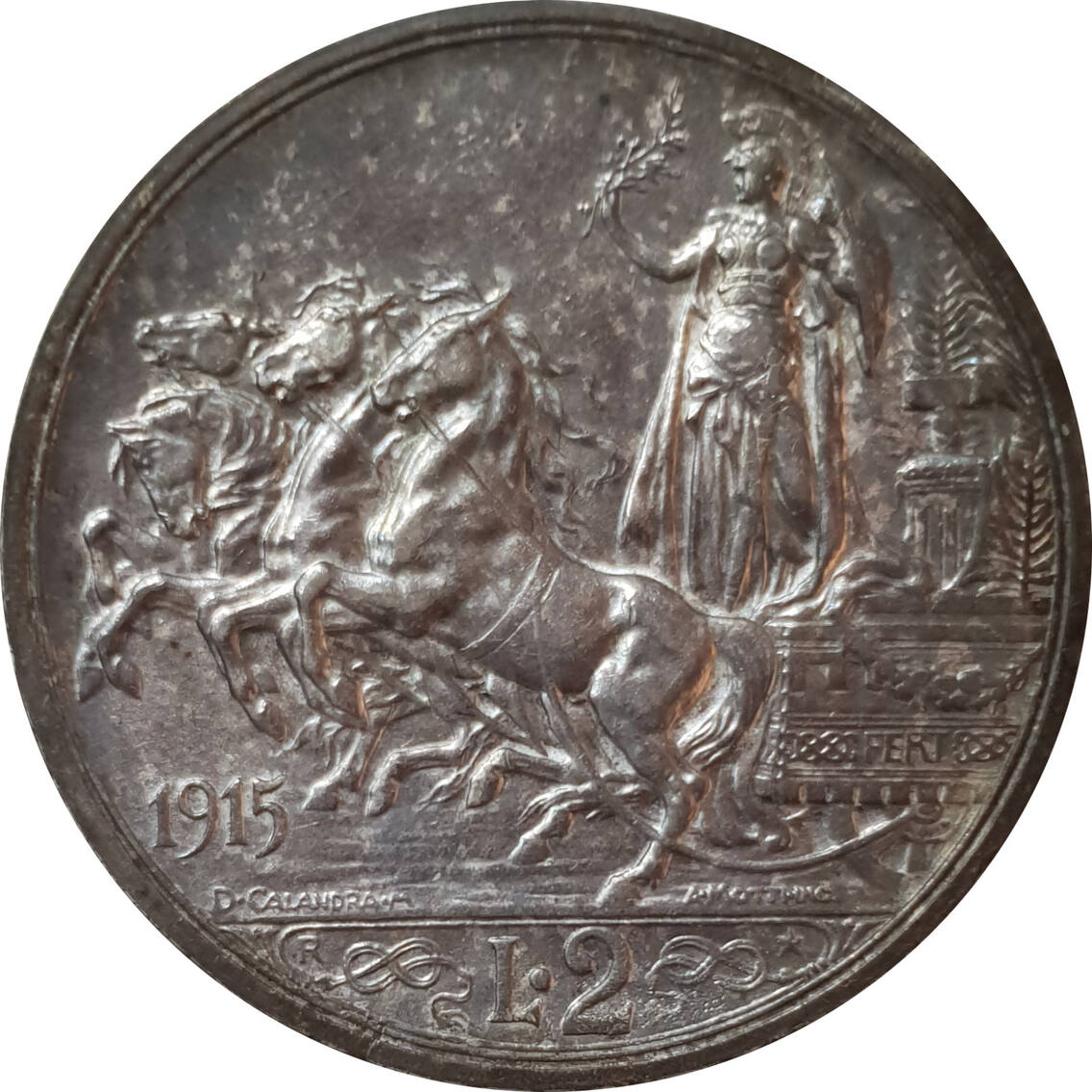 2 Lire 1915 Italy Unc Lira Silver Coin Quadriga Lire Victor