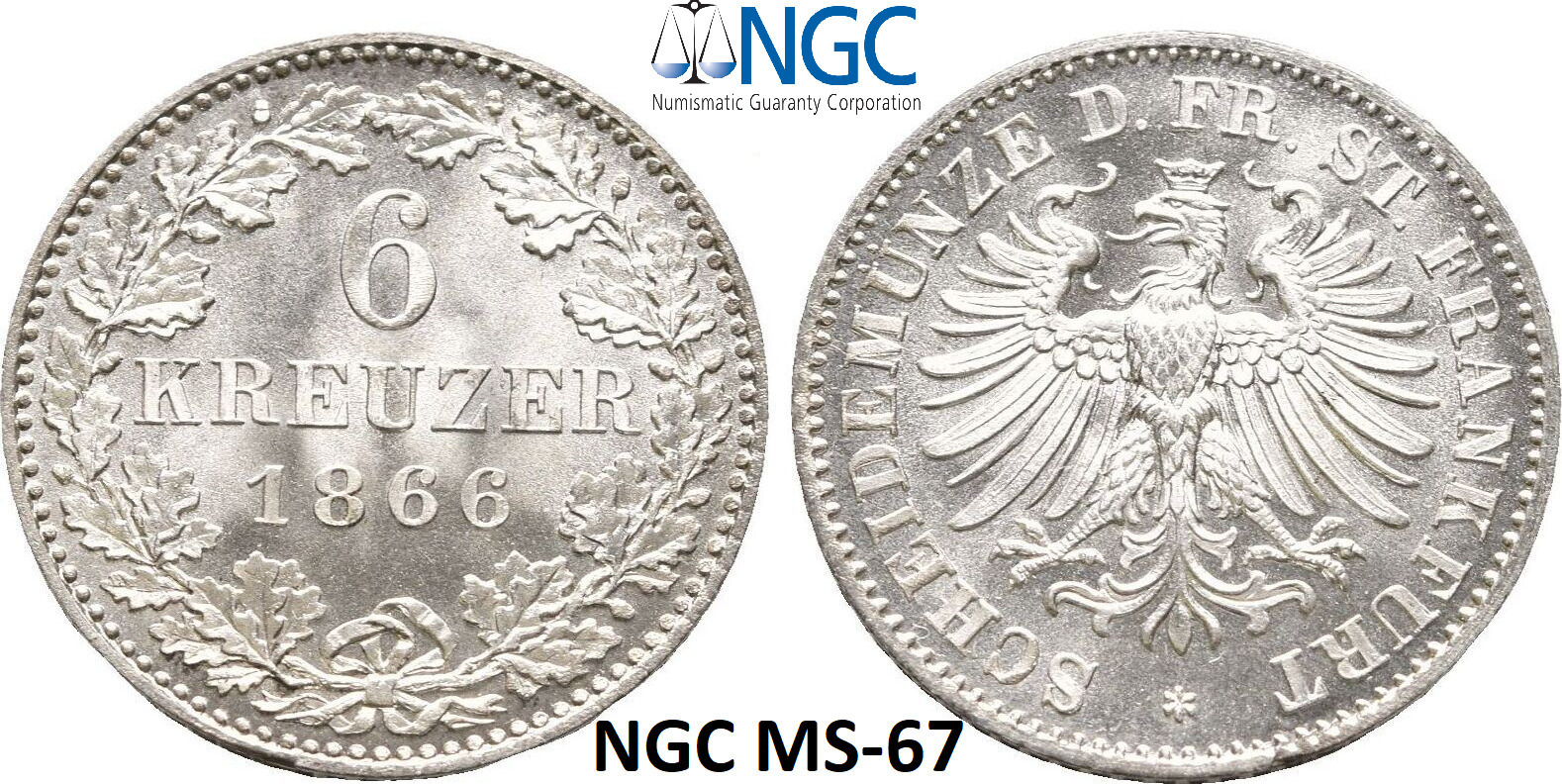 6 Kreuzer 1866 Wow NGC MS 67 Frankfurt Unc Silver Coin Eagle