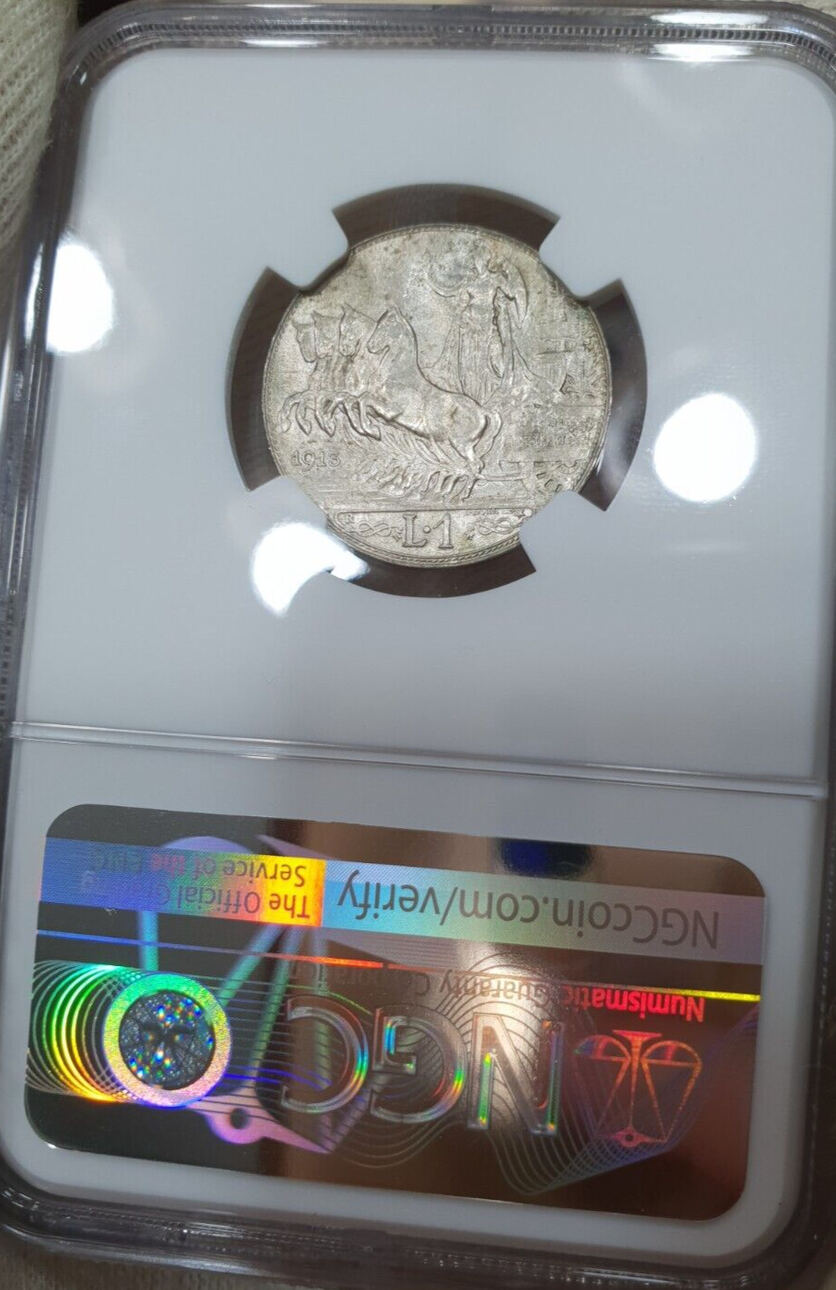 64 1 Lira 1913 NGC Italy MS Silver Unc Coin Quadriga Golden Patina Yearly  Type UNC