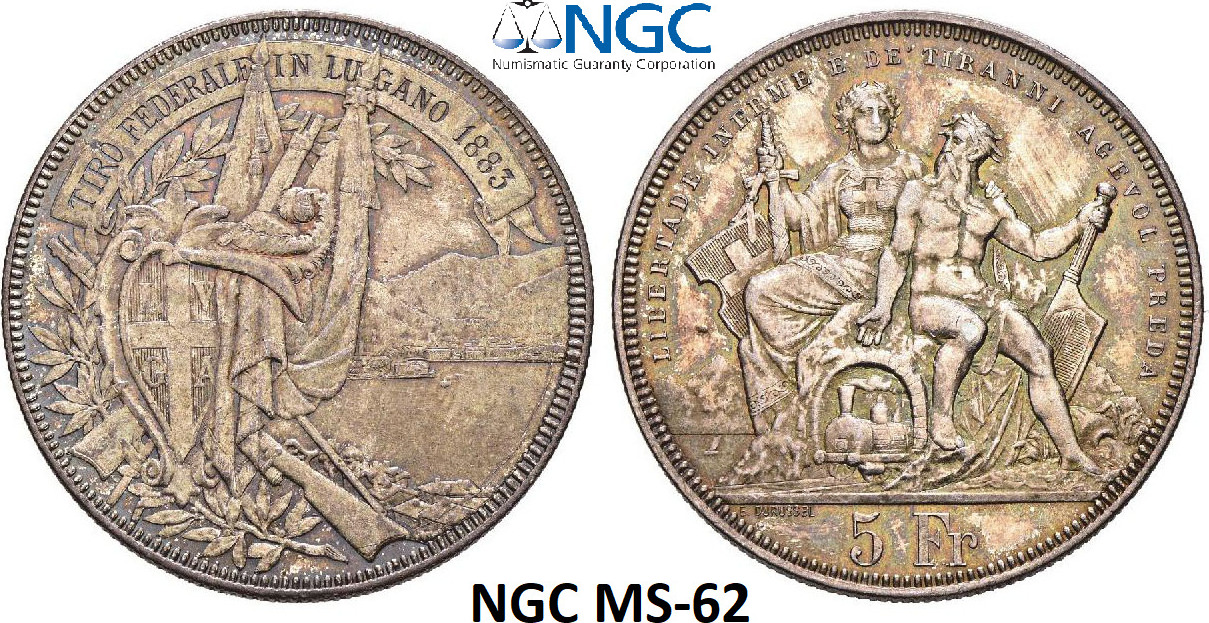 5 Francs 1883 NGC Switzerland Lugano MS 62 1 Shooting Thaler Coin 