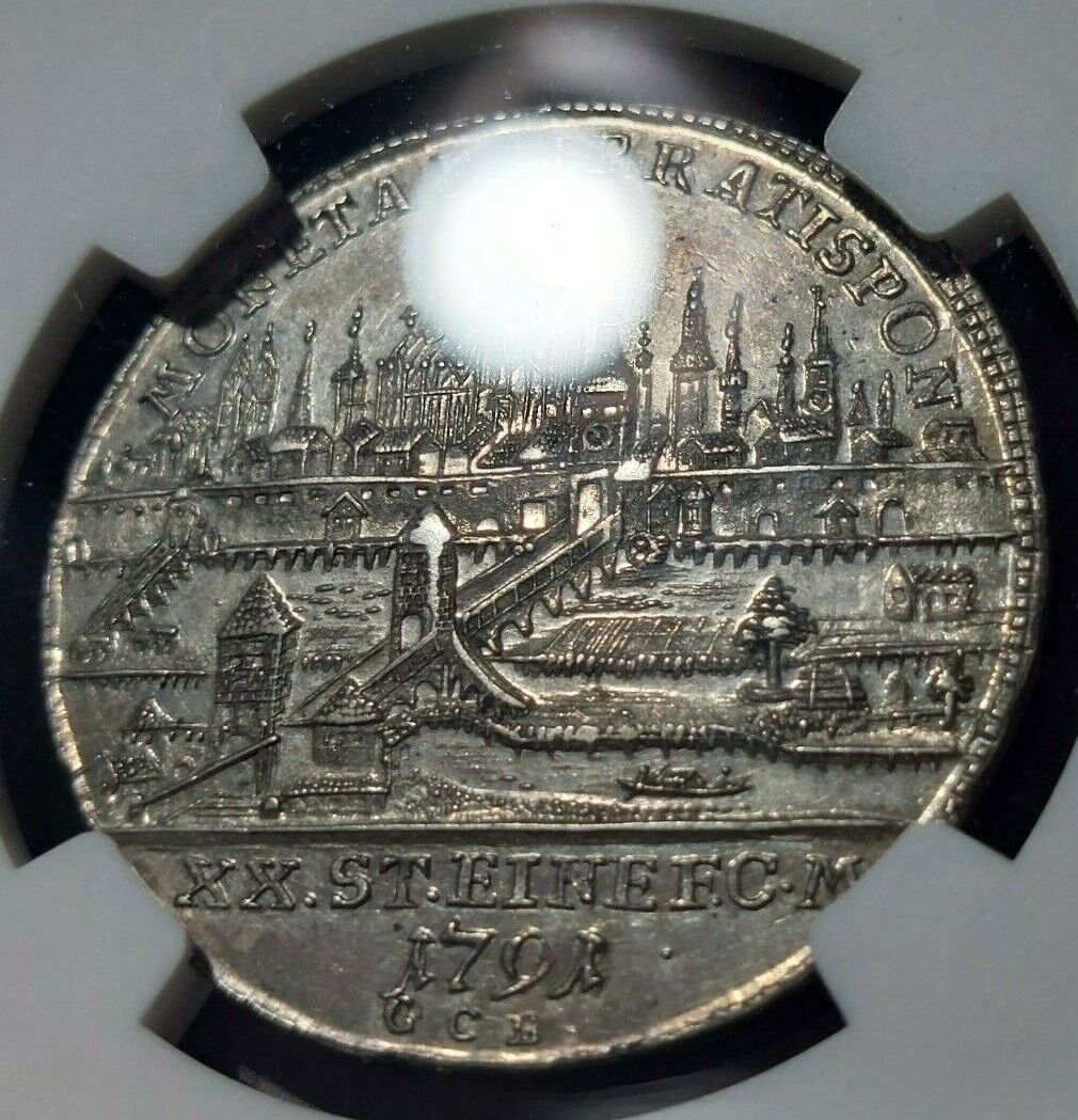 58 1/2 Thaler 1791 NGC Regensburg AU- Silver City View Coin Germany Rare