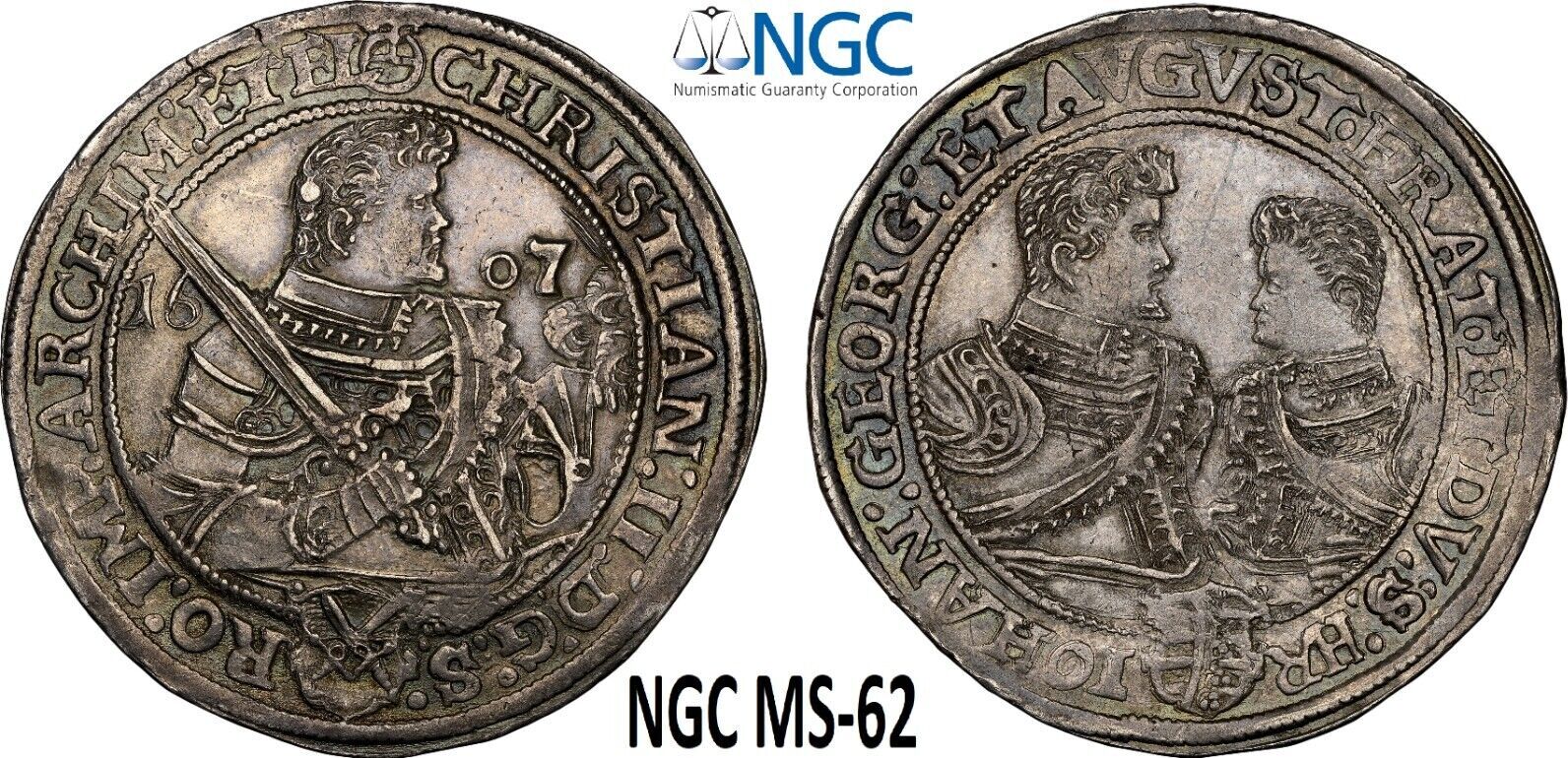 62 1 Thaler 1607 NGC Saxony MS Silver Coin Germany RARE TOP POP