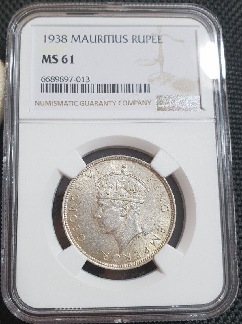1 Rupee 1938 NGC Mauritius MS-61 Silver Coin George VI British