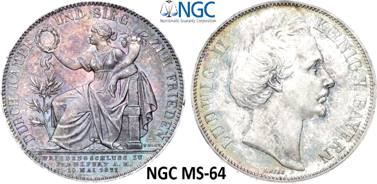 64 1 Thaler 1871 NGC Bavaria MS- Victory Over France Silver