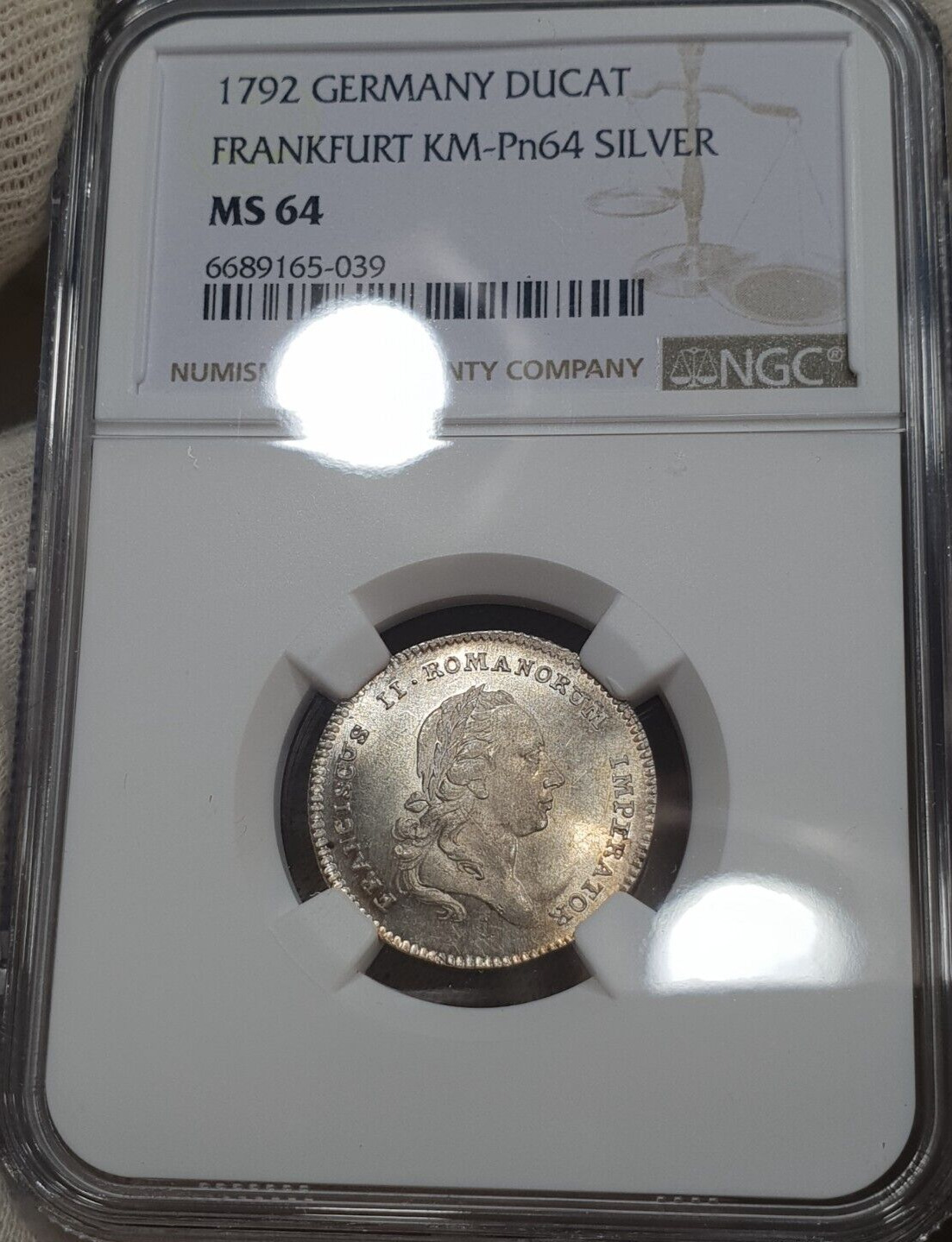 Ducat 1792 NGC Frankfurt MS-64 Silver Coronation Pattern Coin