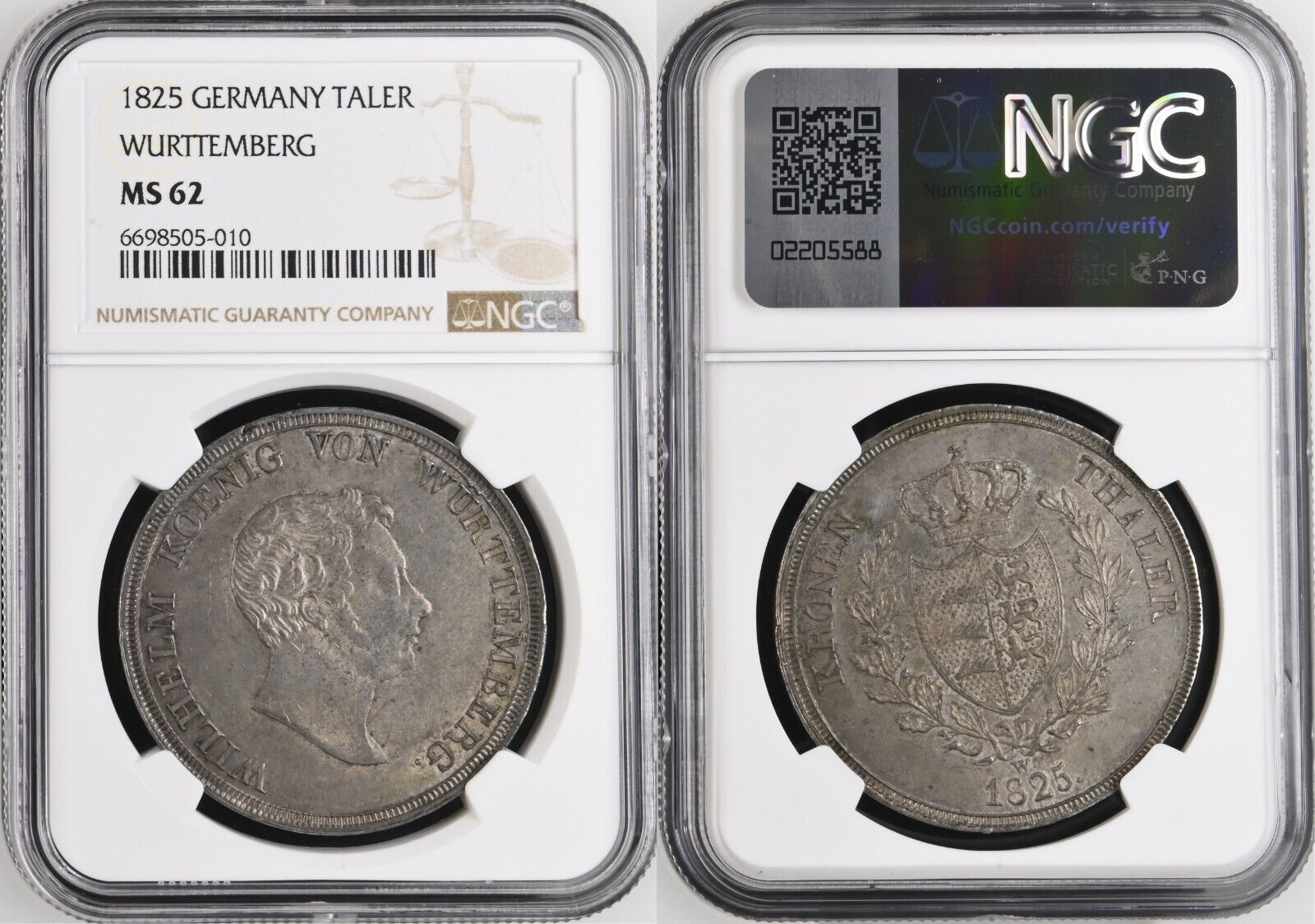 1 Thaler 1825 NGC Wurttemberg MS 62 Silver Coin Unc Germany Rare