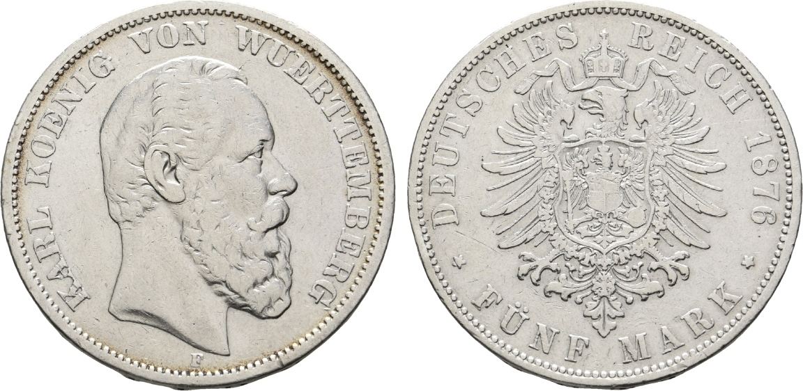 5 Mark 1876 F Württemberg Karl 1864-1891 Kl. Randfehler, VF- Русские монеты из драгоценных