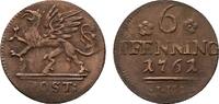 Mecklenburg-Rostock, Stadt Cu 6 Pfennig 1761 IHB Winz. Schr&ouml;tlingsfehler... 40.41 US$  +  57.74 US$ shipping