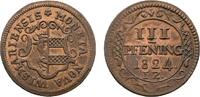 Mecklenburg-Wismar, Stadt Cu 3 Pfennig 1824 FL Sehr sch&ouml;n + 51.96 US$  +  57.74 US$ shipping