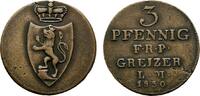 Cu 3 Pfennig 1830 Reuss, ältere Linie zu Obergreiz Heinrich XIX. 1817-1836 Seltener Jahrgang. Kl. Schrötlingsfehler, sehr schön