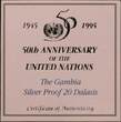 GAMBIA, KM# 37a , Silver, 20 Dalasis, 1995, Proof, 50th Anniversary - United Nations. Bought at the Central Bank of The Gambia (