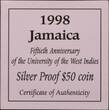 JAMAICA, KM# 179 , Silver, 50 Dollars, 1998, Proof, 50th Anniversary of the University of the West Indies. Very rare coin in Su