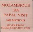 MOZAMBIQUE, KM# 109a , Silver, 1000 Meticais, 1988, Proof, Visit of Pope John Paul II. Very rare silver Proof coin! Coin housed