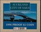 NEW ZEALAND , KM# 99a , Silver, 5 Dollars, 1996, Proof, Auckland - City of Sails. Coin housed in Original Mint capsule! Coin in