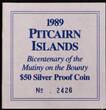 PITCAIRN ISLANDS , KM# 5 , Silver, 50 Dollars, 1989, Proof, Drafting of Constitution, 1838-1988. Sloop "Fly" with sails furled.
