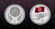 KYRGYZSTAN 10 Som KYRGYZSTAN, KM# 44 , Silver, 10 Som, 2011, Proof, Historical Events - Sovereign Kyrgyzstan Red color flag. Coin housed in Orig -