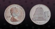 NEW ZEALAND 1 Dollar NEW ZEALAND , KM# 47a , Silver, 1 Dollar, 1978, Proof, Parliament Building. Round toning spot on Reverse. Coin in excellent cond -