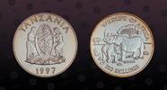 TANZANIA 200 Shilingi TANZANIA, KM# 41 , Silver, 200 Shilingi, 1997, Proof, Wildlife of Africa - Adult and juvenile rhinos. Coin in excellent conditio -