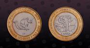 BURKINA FASO 6000 CFA 4 Africa BURKINA FASO , KM# 1 , Bi-Metallic Copper-Nickel center in Brass ring, 6000 CFA 4 Africa , 2003, Proof, Bird and Rhinoceros. G -
