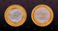 BURKINA FASO 6000 CFA 4 Africa BURKINA FASO , KM# 1b , Silver, 6000 CFA 4 Africa , 2003, Proof, Bird and Rhinoceros. Very rare coin in silver. Gold Plated r -