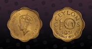 CEYLON 10 Cents CEYLON, KM# 121; Prid.178, Nickel -Brass, 10 Cents , 1951, Mint Strike, King George VI. Coin in excellent condition! -