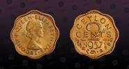 CEYLON 2 Cents CEYLON, KM# 124 , Brass, 2 Cents, 1957, Mint Strike, Queen Elizabeth II. Nice coin! -