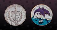 CUBA 50 Pesos CUBA, KM# 503 , Silver, 50 Pesos, 1994, Proof, Multicolored Bottle Dolphins. A little cracked coin capsule but coin in excellent -