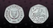 CYPRUS 50 Cents CYPRUS , KM# 66a , Silver, 50 Cents, 1991, Proof, Rider on a horse. 7-sided. Very rare coin! Highly popular type! Coin housed in -
