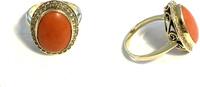 Goldring Koralle-Cabochon + 28 Brillanten 585er Gelbgold / 14 Karat Gr. 57 -