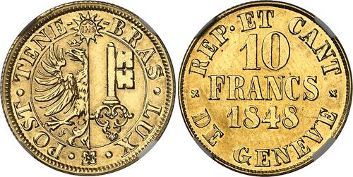 Suisse  10 francs or 1848 Genève - 336 ex. - NGC UNC