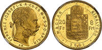 Hongrie 20 francs 20 francs / 8 forint en or «Fiume» - 1891 KB Kremnitz - NGC MS 62 PL -