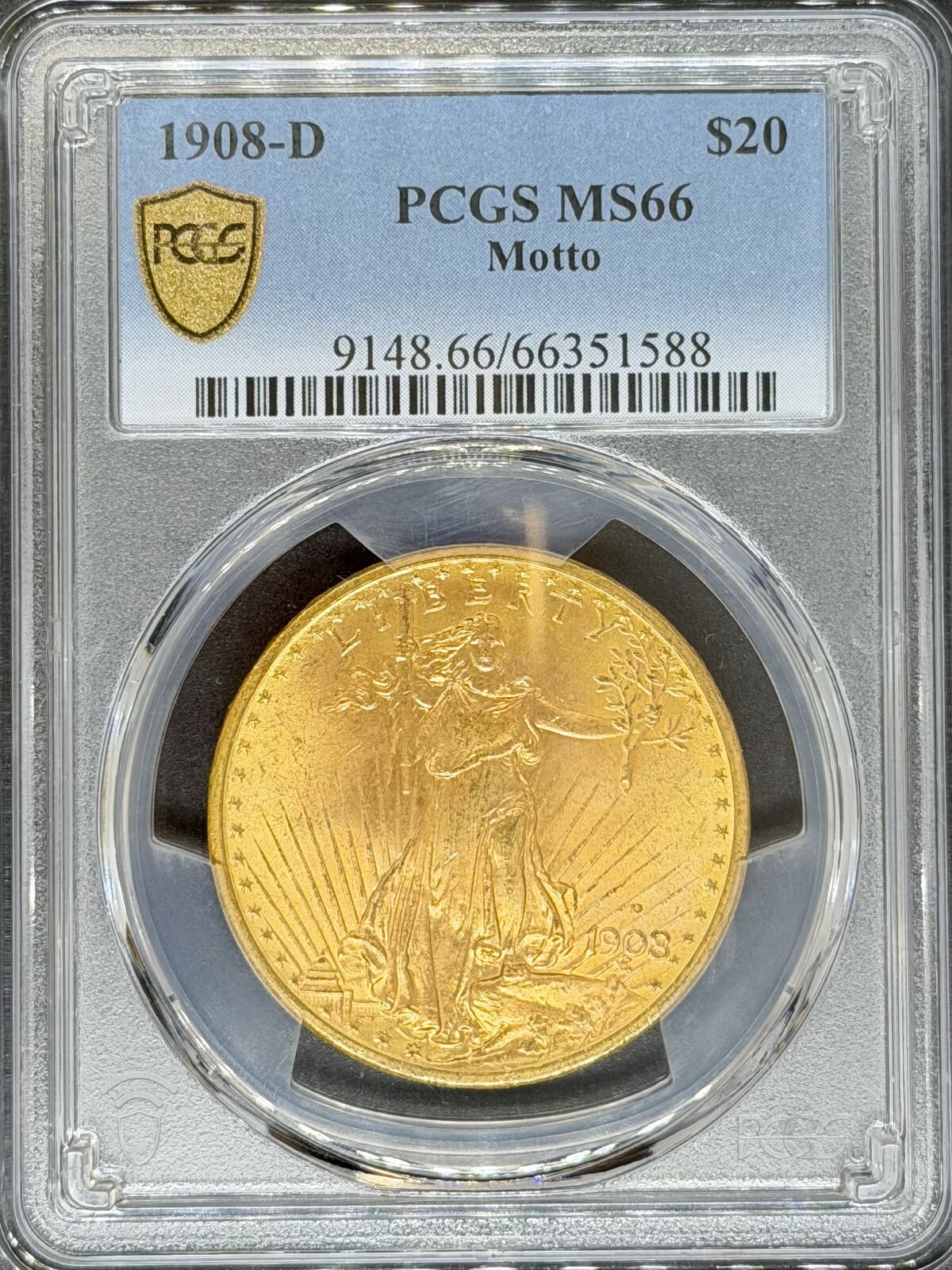Goldmünzen Motto $20 St Gaudens 1908-D St. Gaudens $20 PCGS MS66